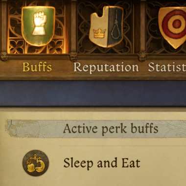 Kingdom Come: Deliverance II Buffs menu showing the Sleep and Eat perk buff