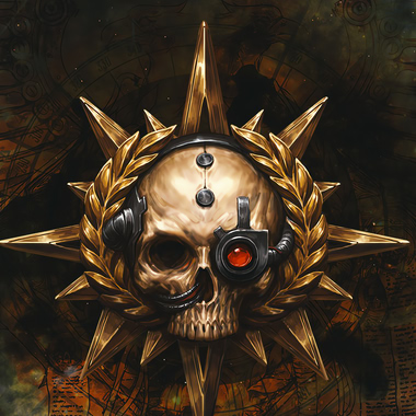 Warhammer 40,000: Rogue Trader emblem, a skull in a laurel wreath over a sunburst